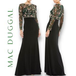 MAC DUGGAL Women’s Beaded Illusion High Neck Trumpet Black Gown in the Size 10p